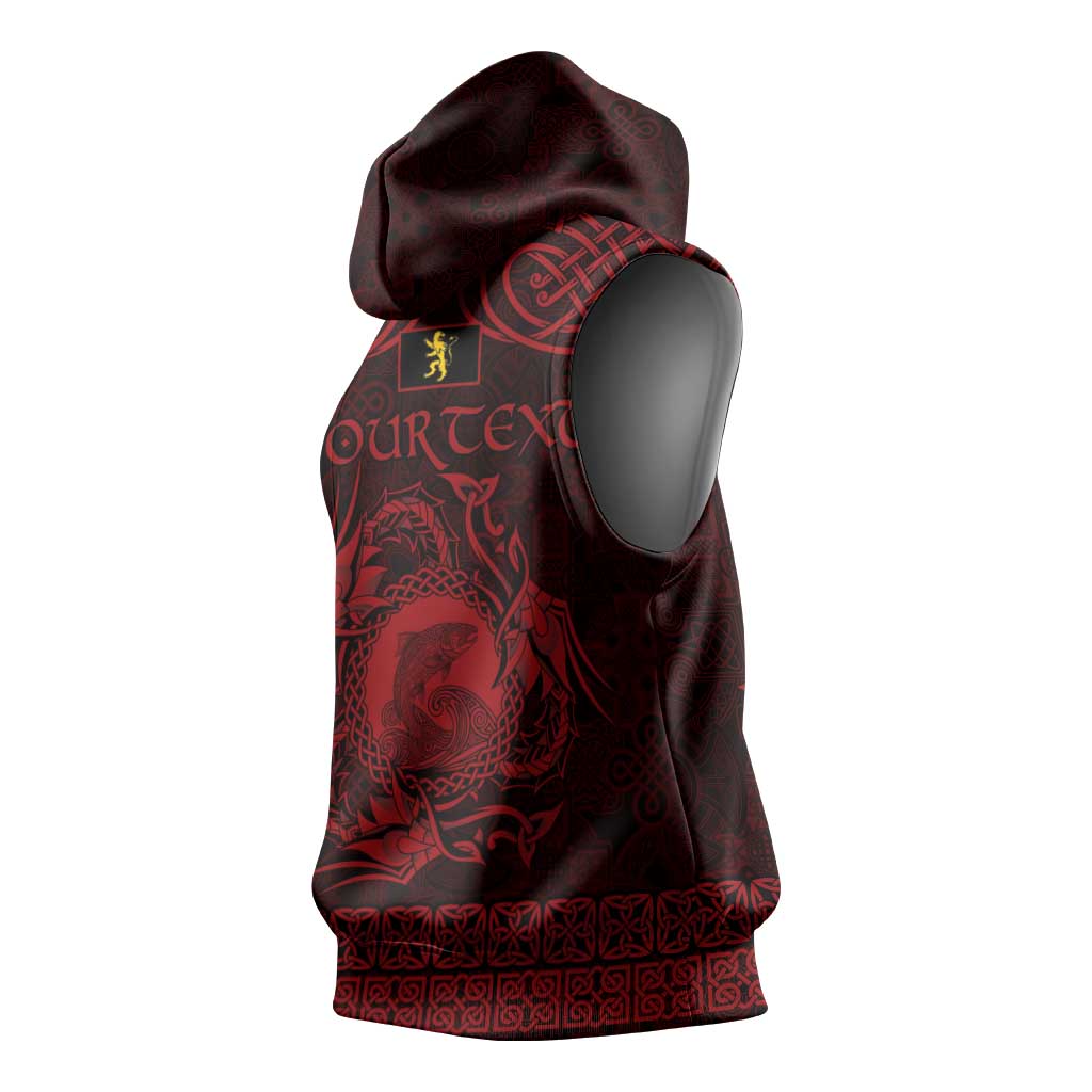 Personalized Cardiganshire Ceredigion Sleeveless Hoodie Red Leaping Salmon Celtic-inspired - Wonder Print Shop