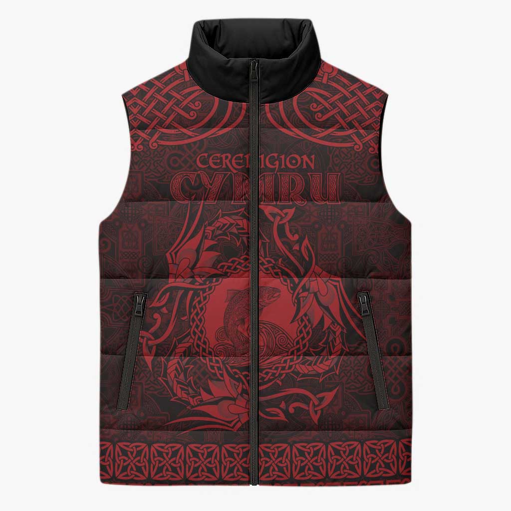 Personalized Cardiganshire Ceredigion Sleeveless Puffer Jacket Red Leaping Salmon Celtic-inspired - Wonder Print Shop
