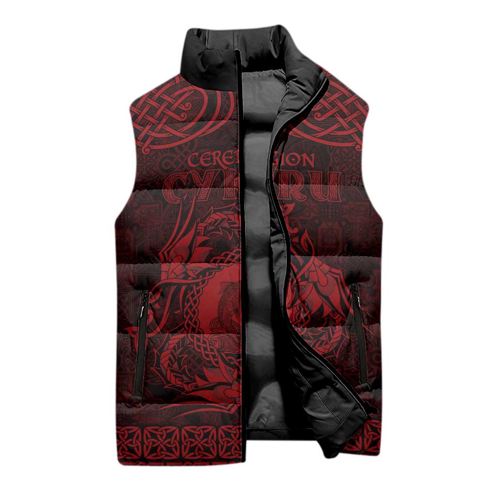 Personalized Cardiganshire Ceredigion Sleeveless Puffer Jacket Red Leaping Salmon Celtic-inspired - Wonder Print Shop