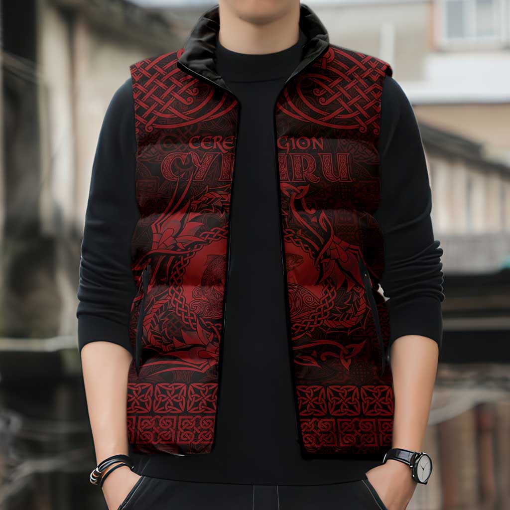 Personalized Cardiganshire Ceredigion Sleeveless Puffer Jacket Red Leaping Salmon Celtic-inspired - Wonder Print Shop