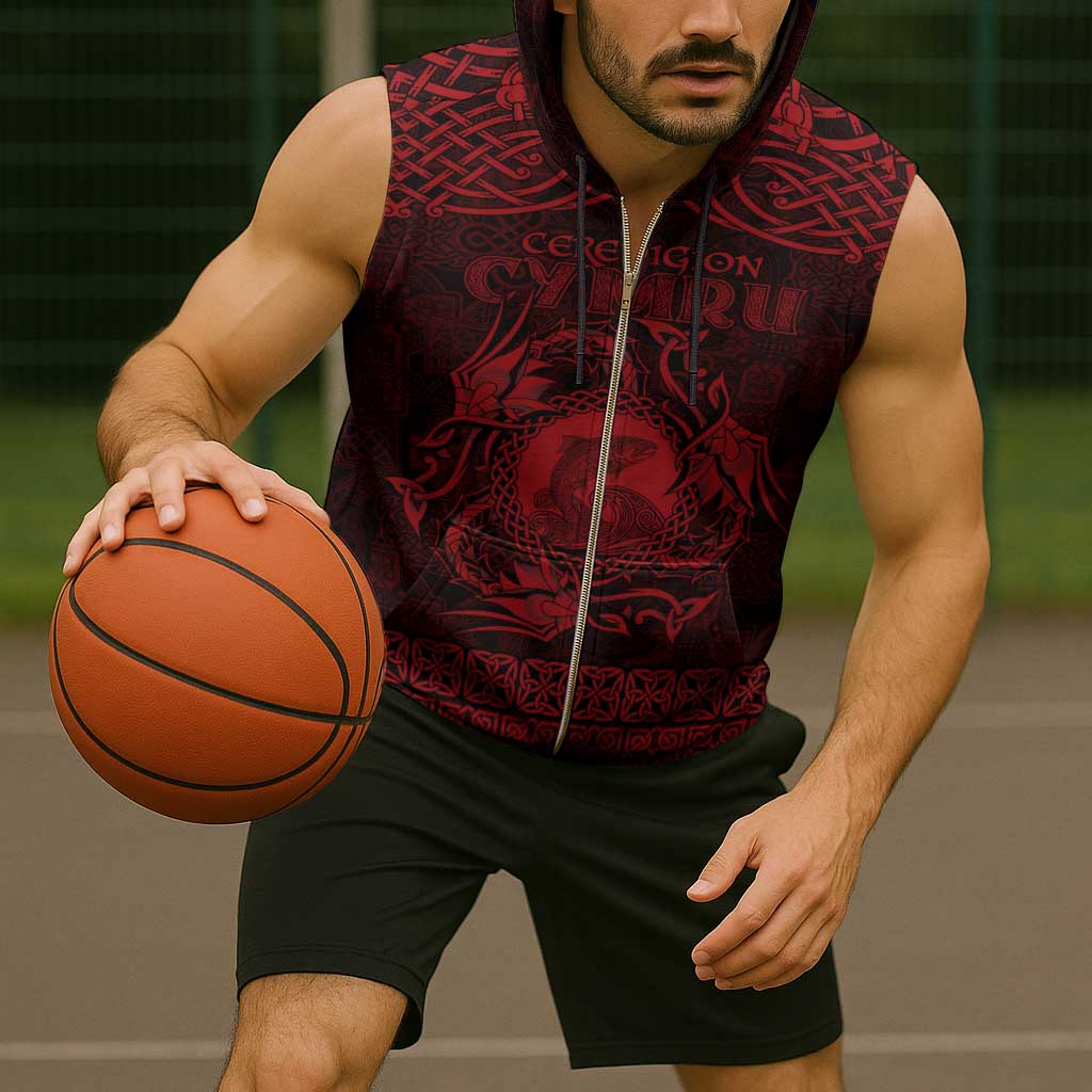 Personalized Cardiganshire Ceredigion Sleeveless Zip Hoodie Red Leaping Salmon Celtic-inspired - Wonder Print Shop