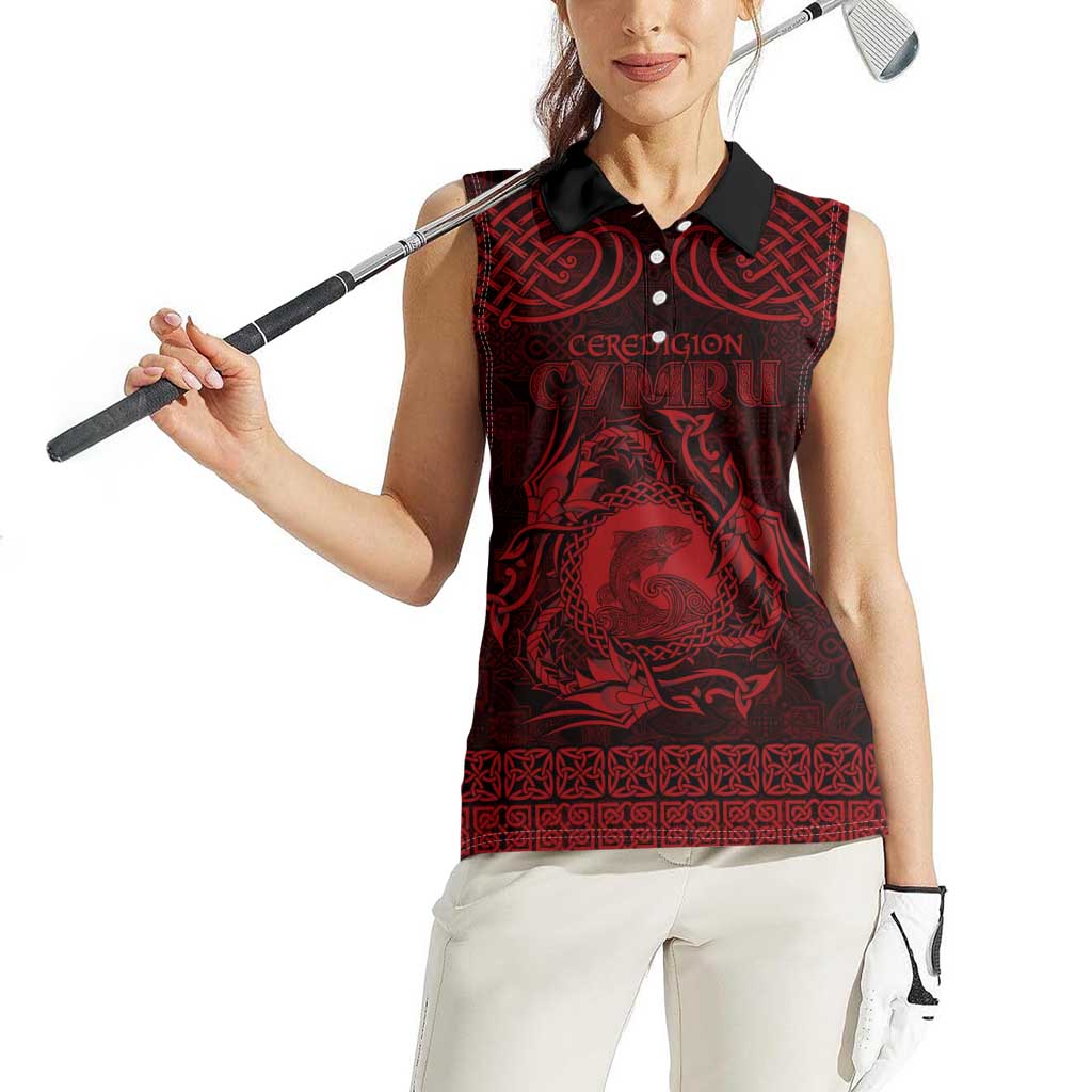 Personalized Cardiganshire Ceredigion Women Sleeveless Polo Shirt Red Leaping Salmon Celtic-inspired - Wonder Print Shop
