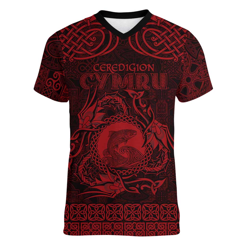 Personalized Cardiganshire Ceredigion Women V-Neck T-Shirt Red Leaping Salmon Celtic-inspired - Wonder Print Shop