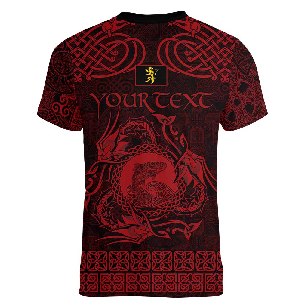 Personalized Cardiganshire Ceredigion Women V-Neck T-Shirt Red Leaping Salmon Celtic-inspired - Wonder Print Shop