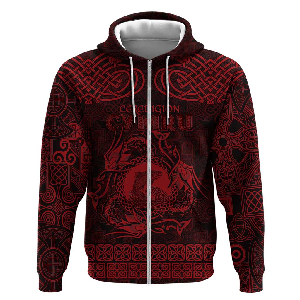 Personalized Cardiganshire Ceredigion Zip Hoodie Red Leaping Salmon Celtic-inspired - Wonder Print Shop