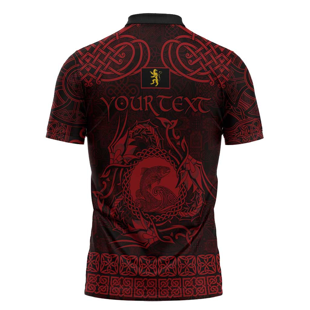 Personalized Cardiganshire Ceredigion Zipper Polo Shirt Red Leaping Salmon Celtic-inspired - Wonder Print Shop