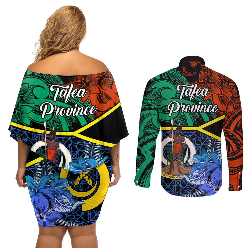 Tafea Day Couples Matching Off Shoulder Short Dress and Long Sleeve Button Shirts Vanuatu Sand Drawing With Polynesian Pattern LT9 - Wonder Print Shop
