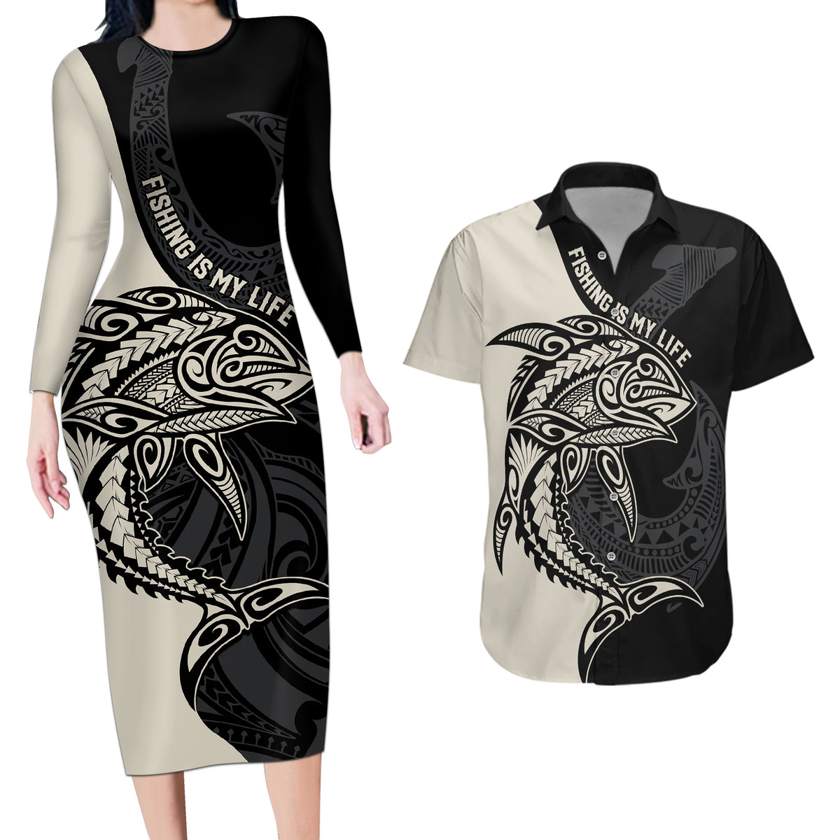 Personalised Polynesia Fishing Couples Matching Long Sleeve Bodycon Dress and Hawaiian Shirt With Maori Hei Matau Fish Hook Gold Art LT9 - Wonder Print Shop