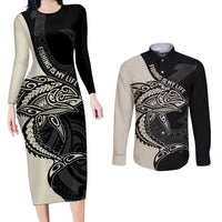 Personalised Polynesia Fishing Couples Matching Long Sleeve Bodycon Dress and Long Sleeve Button Shirts With Maori Hei Matau Fish Hook Gold Art LT9 - Wonder Print Shop