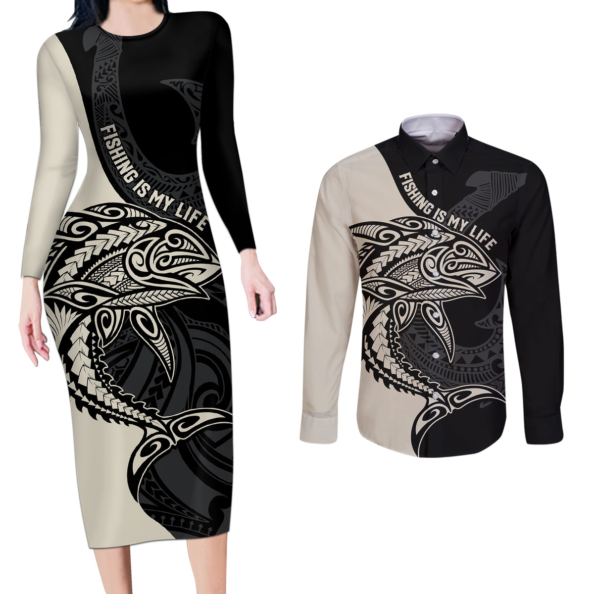 Personalised Polynesia Fishing Couples Matching Long Sleeve Bodycon Dress and Long Sleeve Button Shirts With Maori Hei Matau Fish Hook Gold Art LT9 - Wonder Print Shop