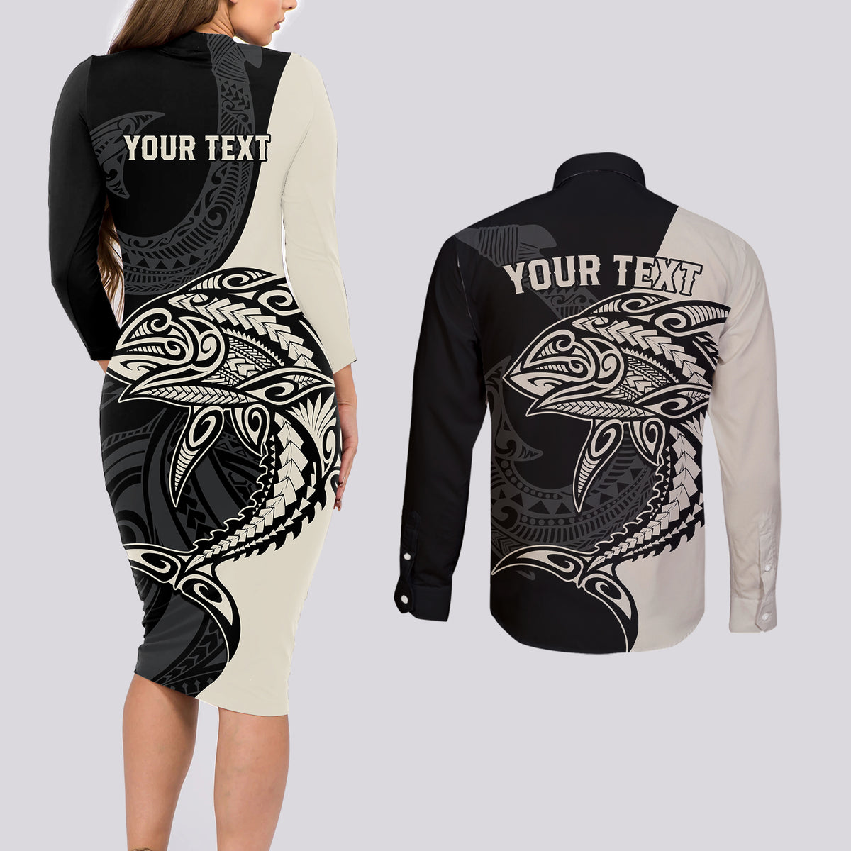 Personalised Polynesia Fishing Couples Matching Long Sleeve Bodycon Dress and Long Sleeve Button Shirts With Maori Hei Matau Fish Hook Gold Art LT9 - Wonder Print Shop