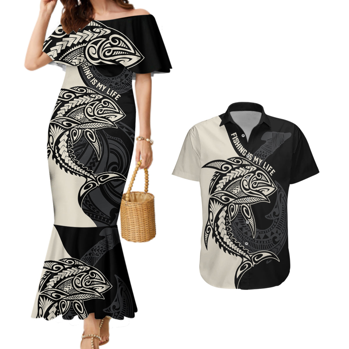 Personalised Polynesia Fishing Couples Matching Mermaid Dress and Hawaiian Shirt With Maori Hei Matau Fish Hook Gold Art LT9 - Wonder Print Shop
