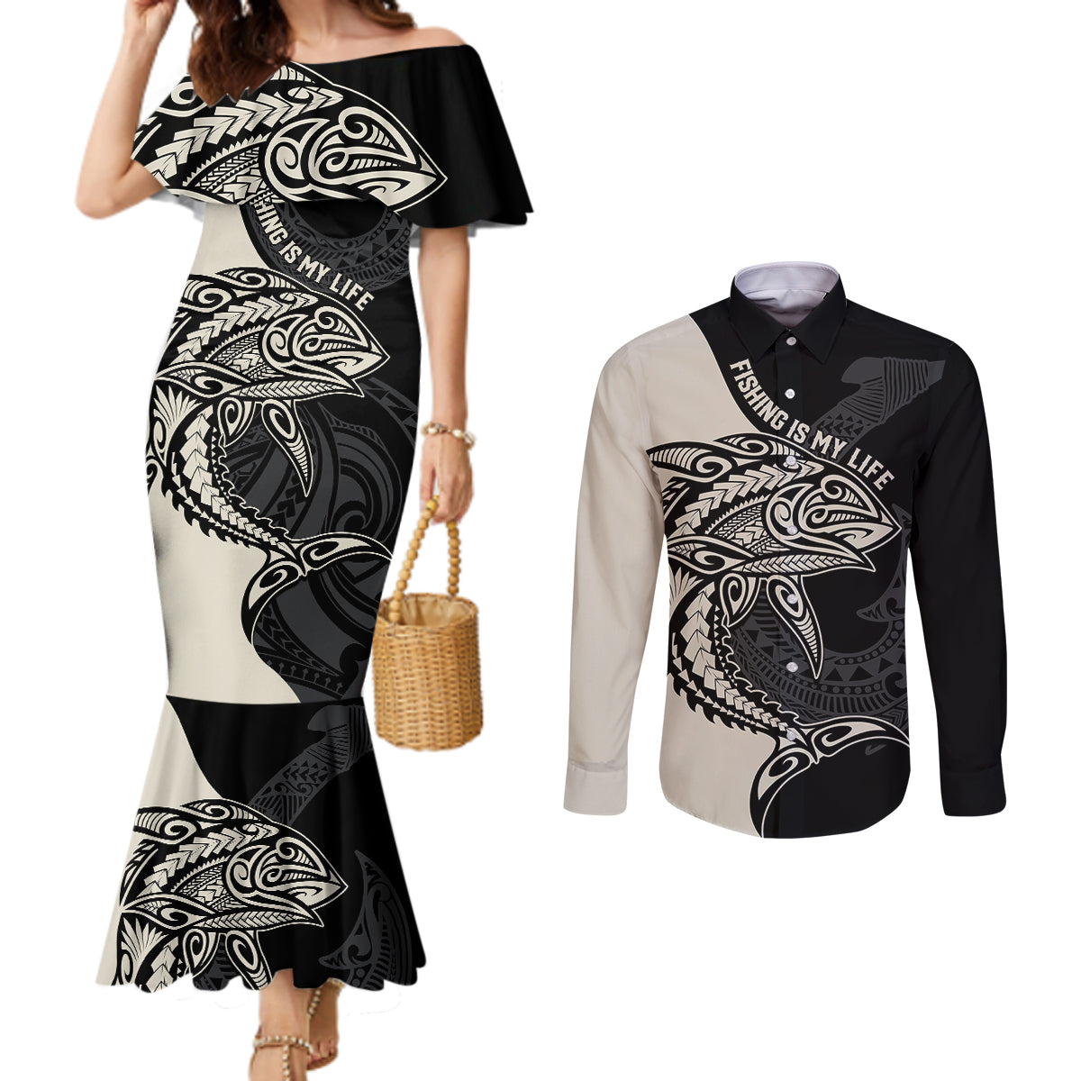 personalised-polynesia-fishing-couples-matching-mermaid-dress-and-long-sleeve-button-shirts-with-maori-hei-matau-fish-hook-gold-art