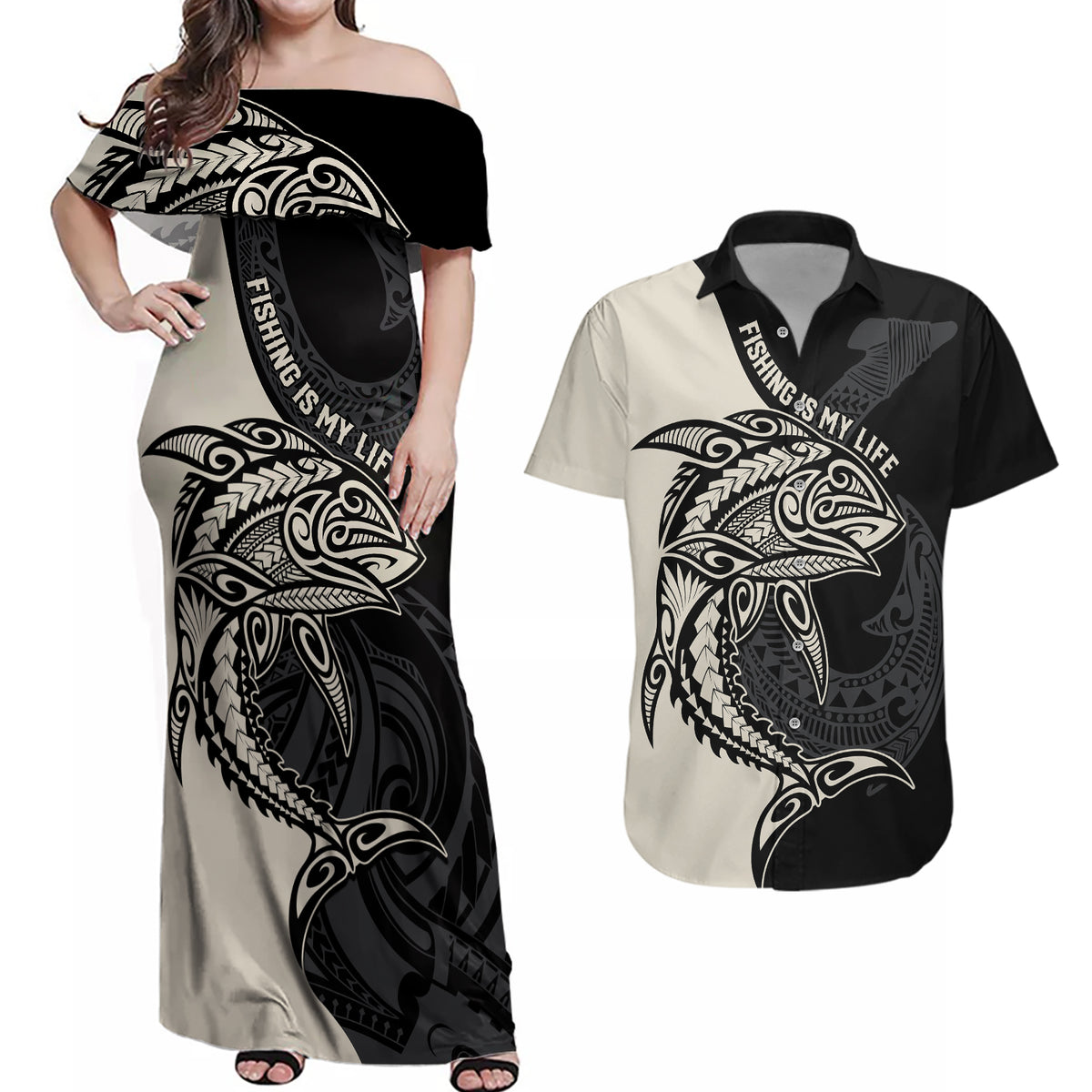 Personalised Polynesia Fishing Couples Matching Off Shoulder Maxi Dress and Hawaiian Shirt With Maori Hei Matau Fish Hook Gold Art LT9 - Wonder Print Shop