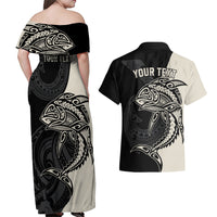 Personalised Polynesia Fishing Couples Matching Off Shoulder Maxi Dress and Hawaiian Shirt With Maori Hei Matau Fish Hook Gold Art LT9 - Wonder Print Shop