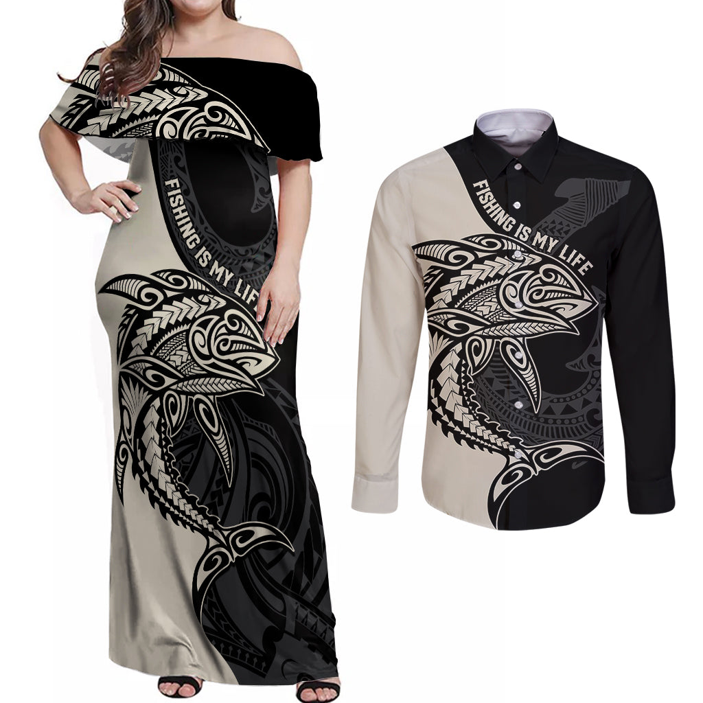 Personalised Polynesia Fishing Couples Matching Off Shoulder Maxi Dress and Long Sleeve Button Shirts With Maori Hei Matau Fish Hook Gold Art LT9 - Wonder Print Shop