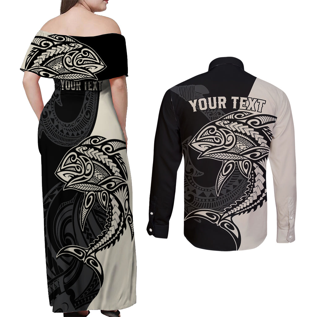 Personalised Polynesia Fishing Couples Matching Off Shoulder Maxi Dress and Long Sleeve Button Shirts With Maori Hei Matau Fish Hook Gold Art LT9 - Wonder Print Shop