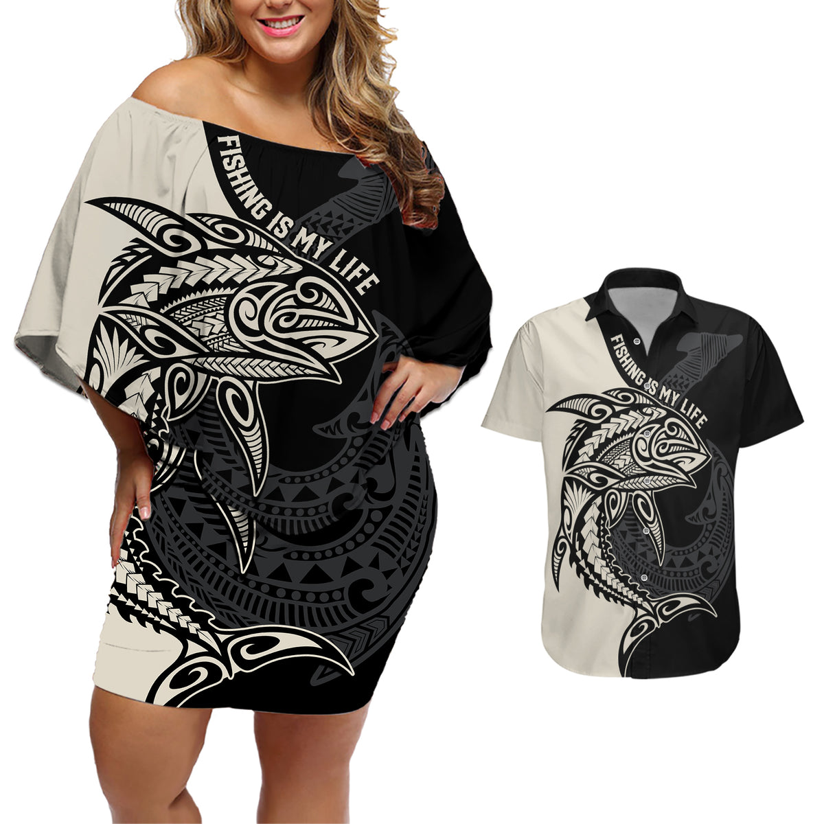 Personalised Polynesia Fishing Couples Matching Off Shoulder Short Dress and Hawaiian Shirt With Maori Hei Matau Fish Hook Gold Art LT9 - Wonder Print Shop