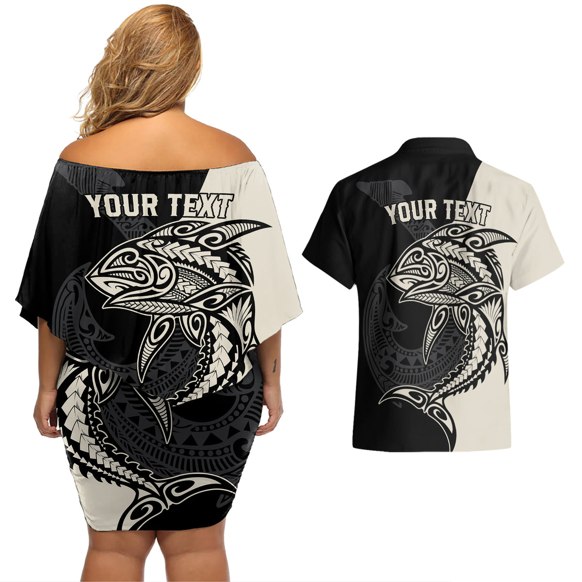 Personalised Polynesia Fishing Couples Matching Off Shoulder Short Dress and Hawaiian Shirt With Maori Hei Matau Fish Hook Gold Art LT9 - Wonder Print Shop