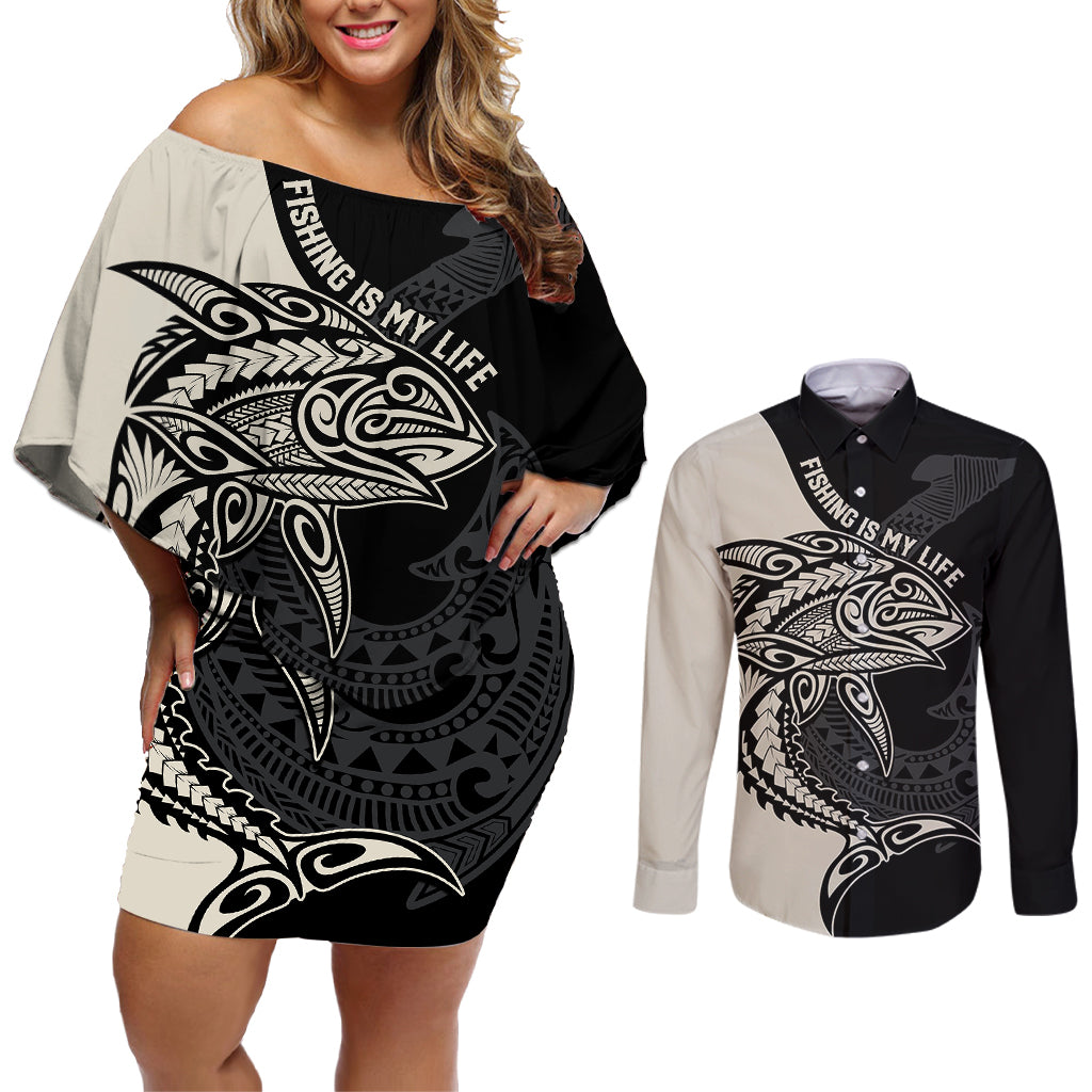 Personalised Polynesia Fishing Couples Matching Off Shoulder Short Dress and Long Sleeve Button Shirts With Maori Hei Matau Fish Hook Gold Art LT9 - Wonder Print Shop