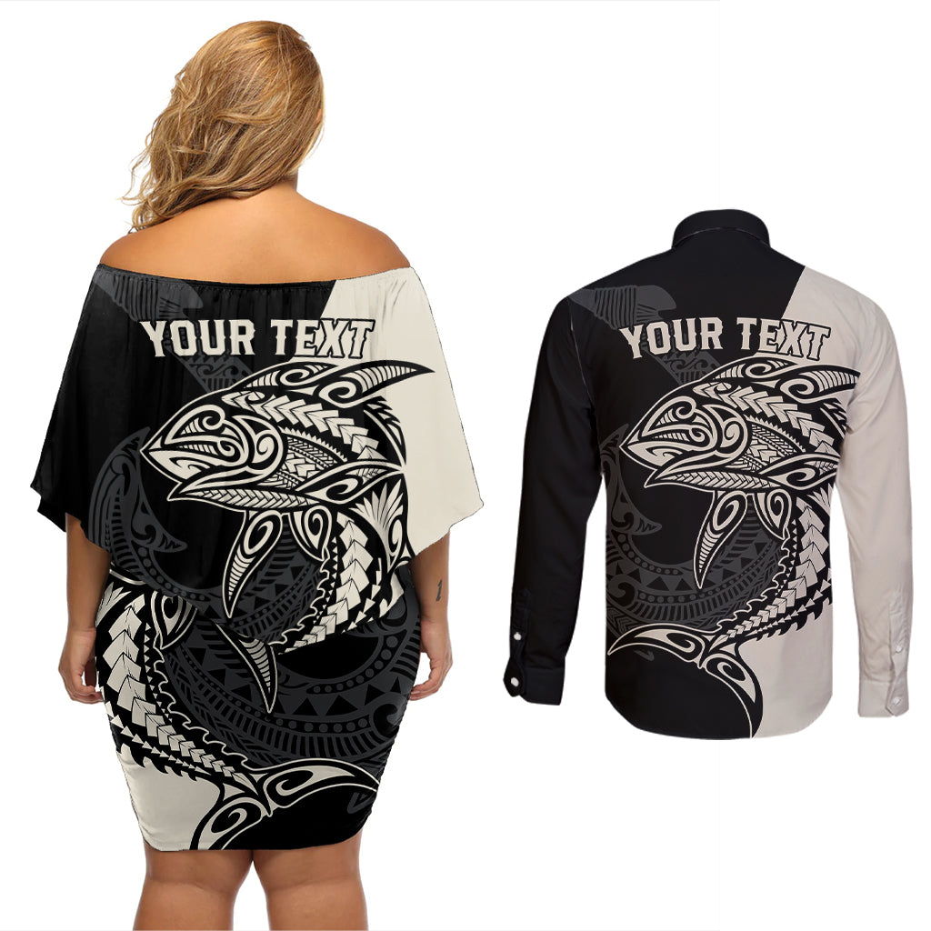 Personalised Polynesia Fishing Couples Matching Off Shoulder Short Dress and Long Sleeve Button Shirts With Maori Hei Matau Fish Hook Gold Art LT9 - Wonder Print Shop