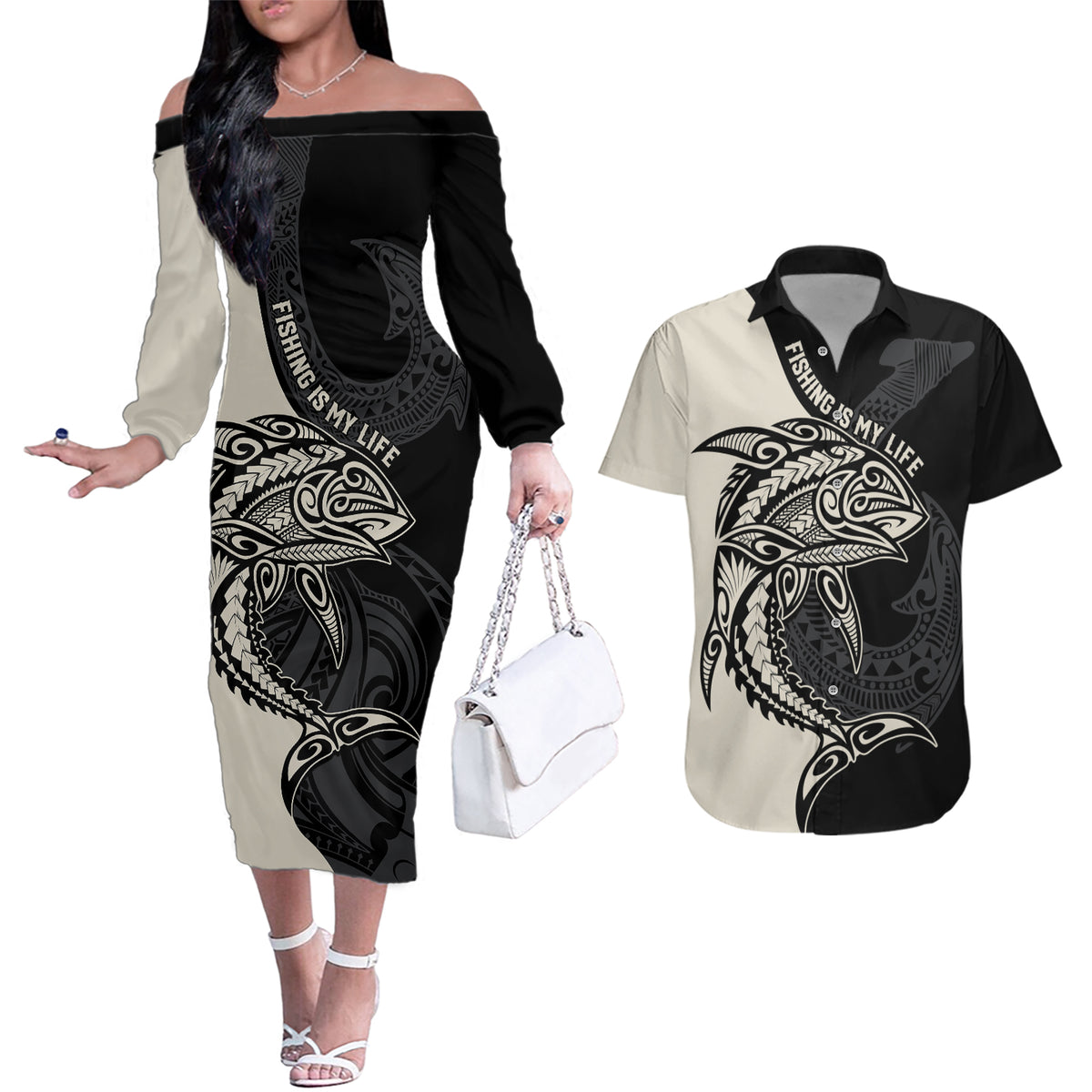 Personalised Polynesia Fishing Couples Matching Off The Shoulder Long Sleeve Dress and Hawaiian Shirt With Maori Hei Matau Fish Hook Gold Art LT9 - Wonder Print Shop