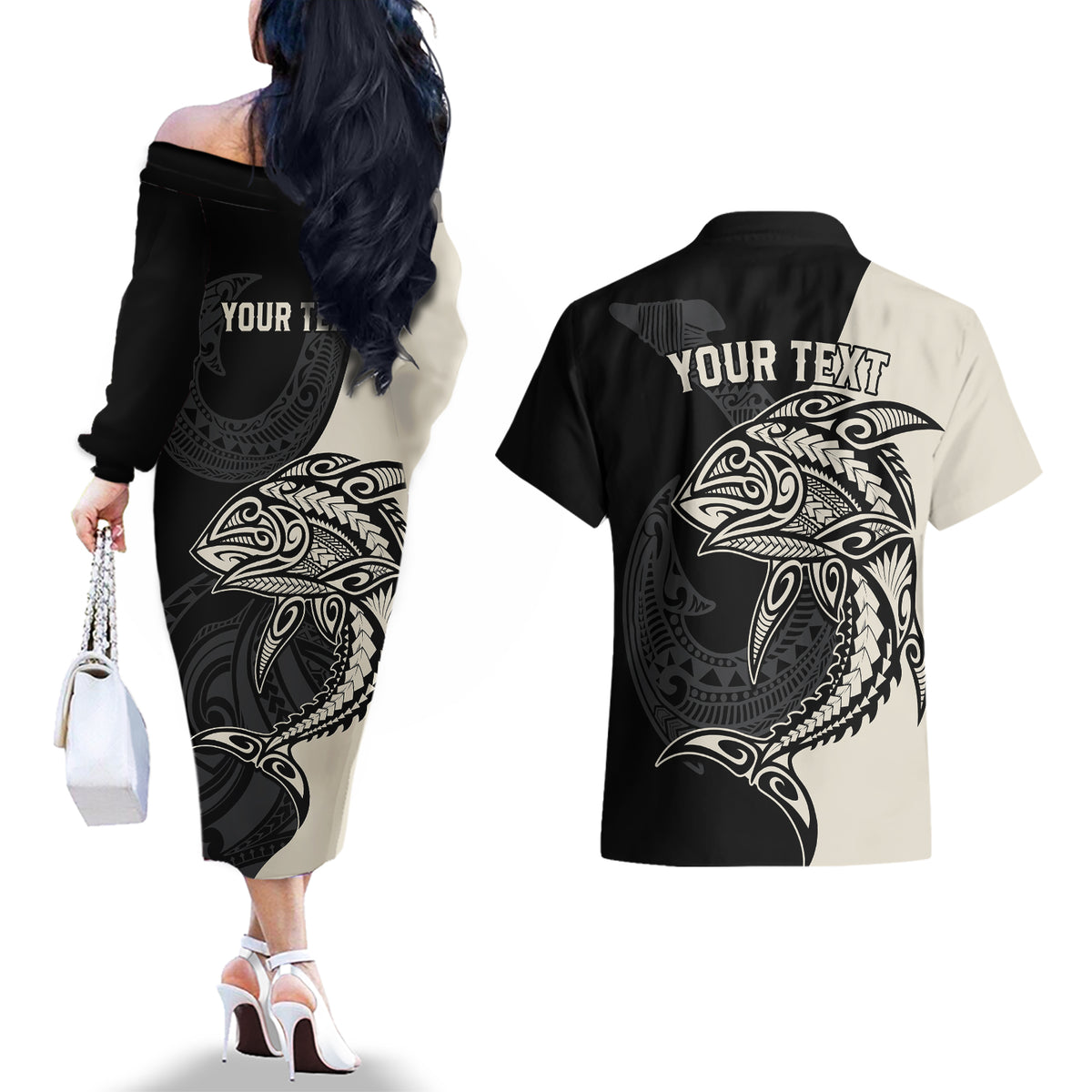 Personalised Polynesia Fishing Couples Matching Off The Shoulder Long Sleeve Dress and Hawaiian Shirt With Maori Hei Matau Fish Hook Gold Art LT9 - Wonder Print Shop