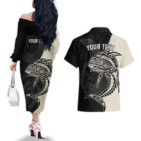 Personalised Polynesia Fishing Couples Matching Off The Shoulder Long Sleeve Dress and Hawaiian Shirt With Maori Hei Matau Fish Hook Gold Art LT9 - Wonder Print Shop