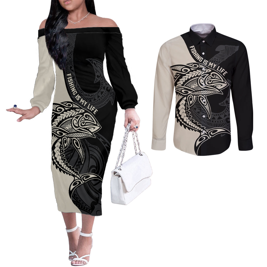 personalised-polynesia-fishing-couples-matching-off-the-shoulder-long-sleeve-dress-and-long-sleeve-button-shirts-with-maori-hei-matau-fish-hook-gold-art