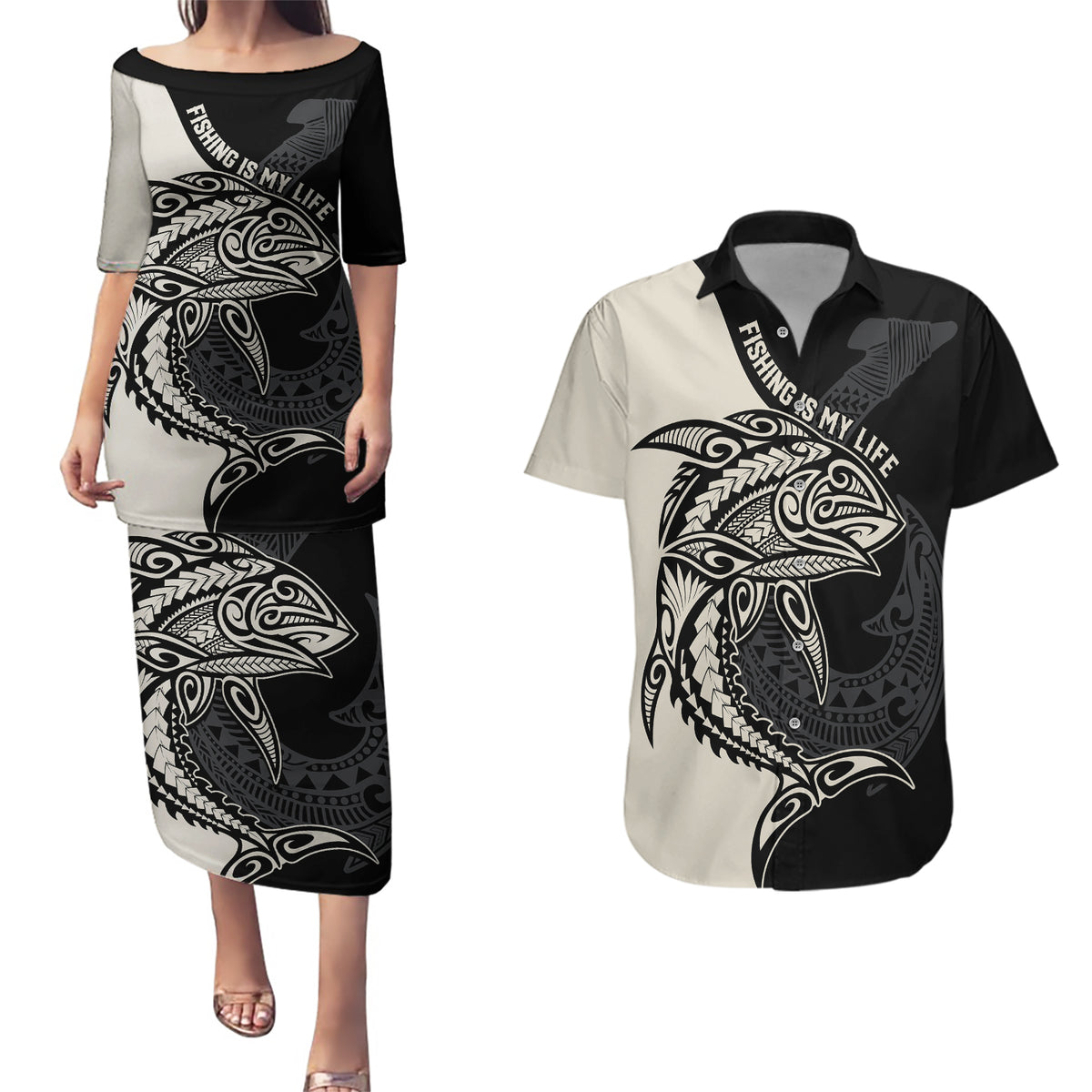 Personalised Polynesia Fishing Couples Matching Puletasi Dress and Hawaiian Shirt With Maori Hei Matau Fish Hook Gold Art LT9 - Wonder Print Shop