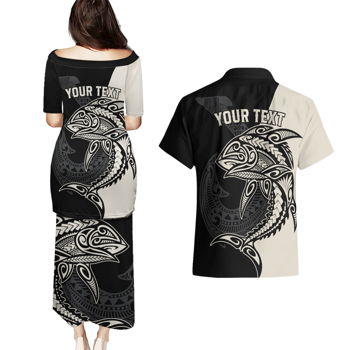 Personalised Polynesia Fishing Couples Matching Puletasi Dress and Hawaiian Shirt With Maori Hei Matau Fish Hook Gold Art LT9 - Wonder Print Shop