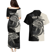 Personalised Polynesia Fishing Couples Matching Puletasi Dress and Hawaiian Shirt With Maori Hei Matau Fish Hook Gold Art LT9 - Wonder Print Shop