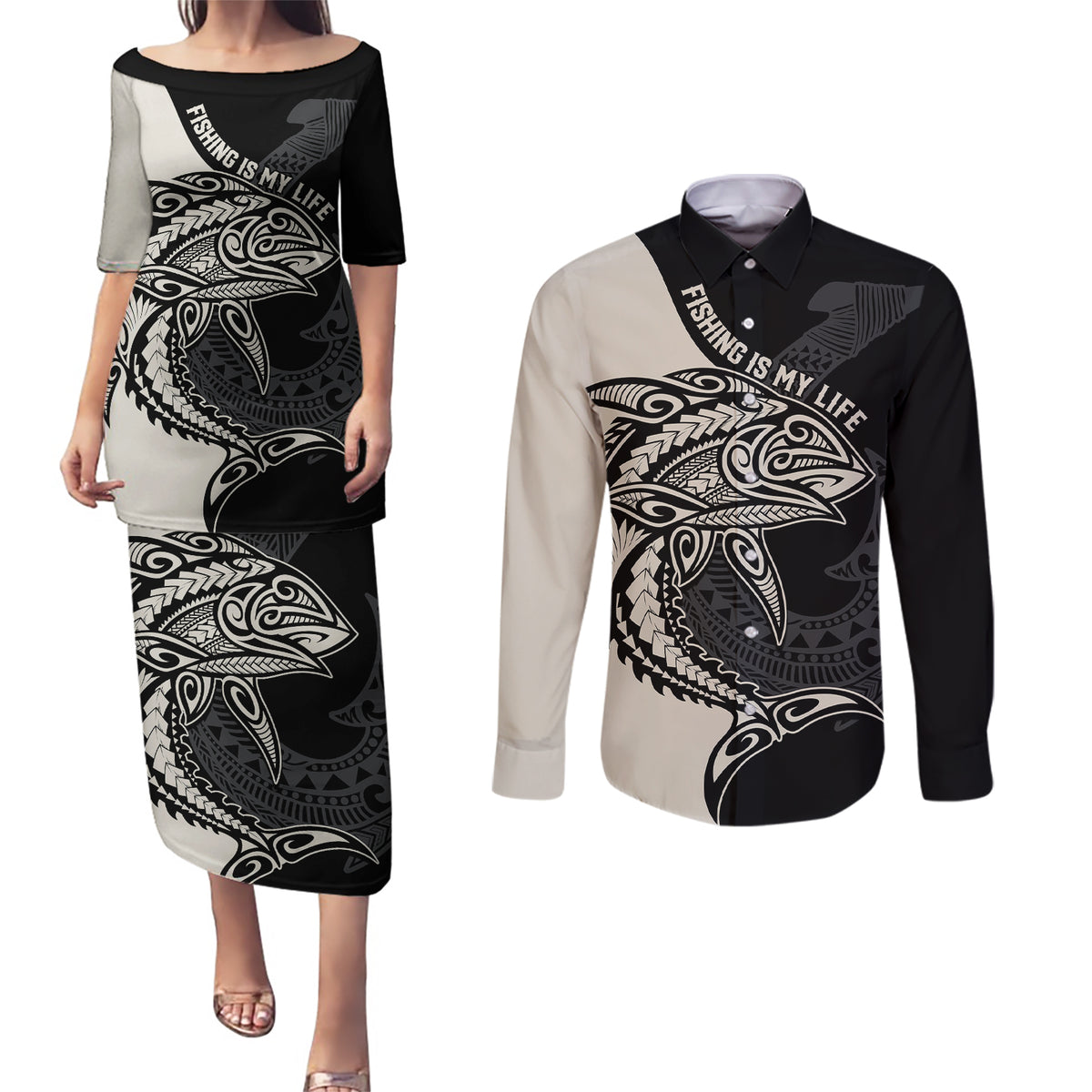 Personalised Polynesia Fishing Couples Matching Puletasi Dress and Long Sleeve Button Shirts With Maori Hei Matau Fish Hook Gold Art LT9 - Wonder Print Shop