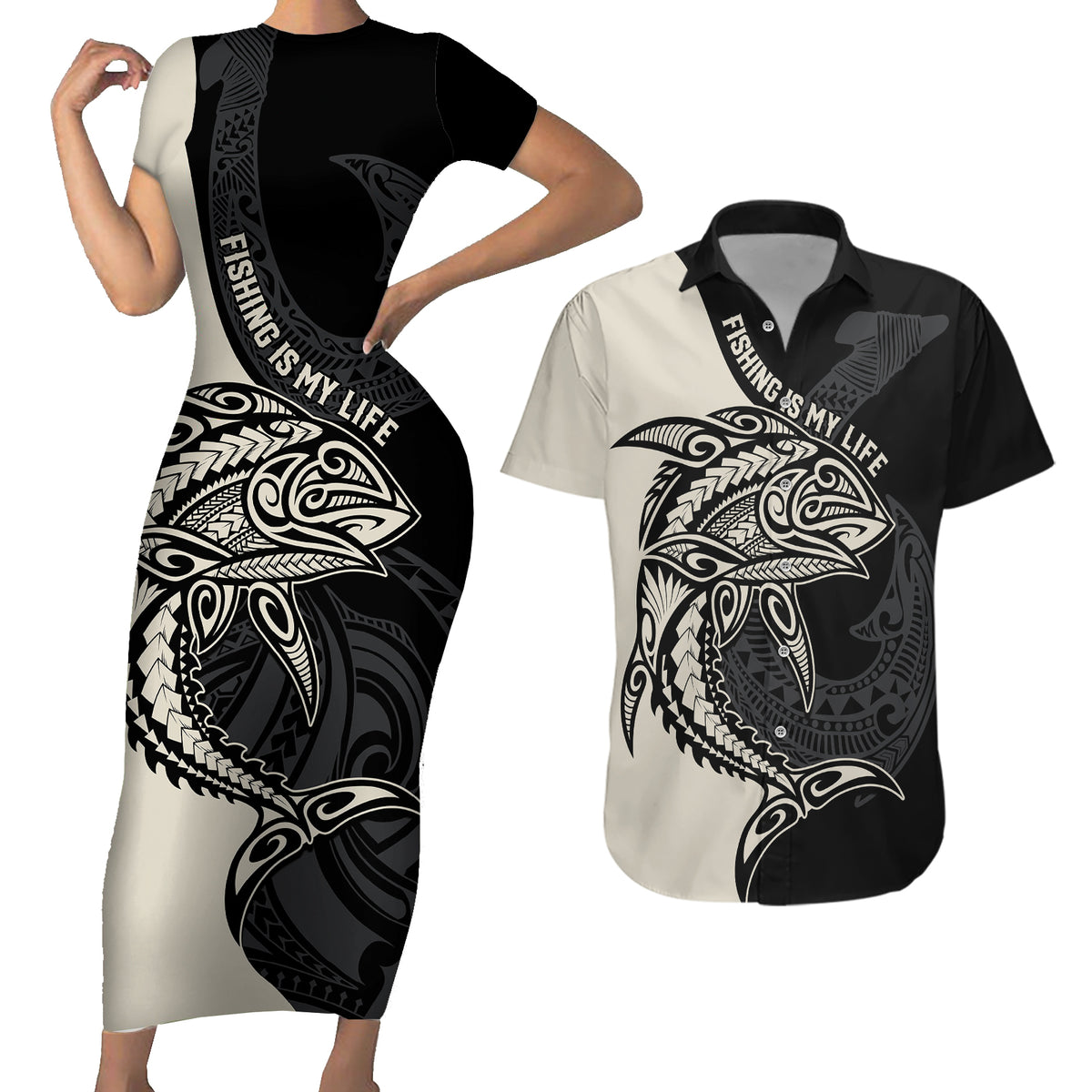 Personalised Polynesia Fishing Couples Matching Short Sleeve Bodycon Dress and Hawaiian Shirt With Maori Hei Matau Fish Hook Gold Art LT9 - Wonder Print Shop