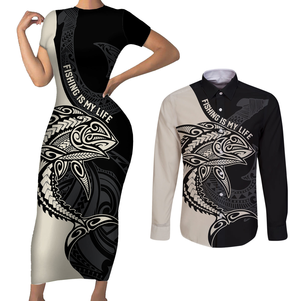 Personalised Polynesia Fishing Couples Matching Short Sleeve Bodycon Dress and Long Sleeve Button Shirts With Maori Hei Matau Fish Hook Gold Art LT9 - Wonder Print Shop