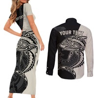 Personalised Polynesia Fishing Couples Matching Short Sleeve Bodycon Dress and Long Sleeve Button Shirts With Maori Hei Matau Fish Hook Gold Art LT9 - Wonder Print Shop