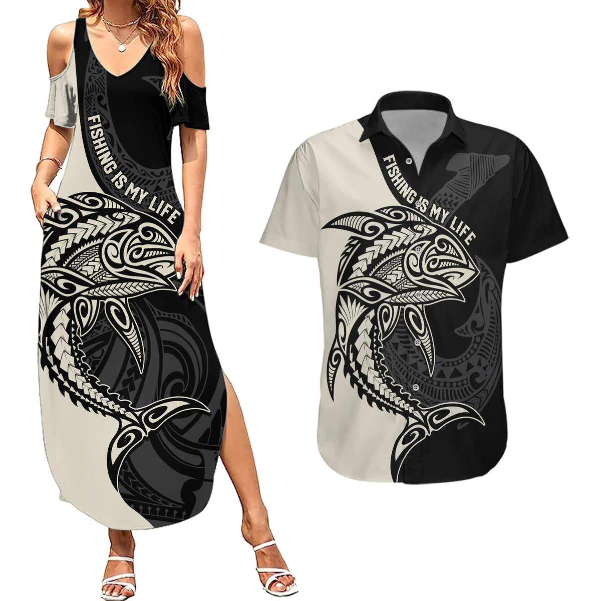 Personalised Polynesia Fishing Couples Matching Summer Maxi Dress and Hawaiian Shirt With Maori Hei Matau Fish Hook Gold Art LT9 - Wonder Print Shop