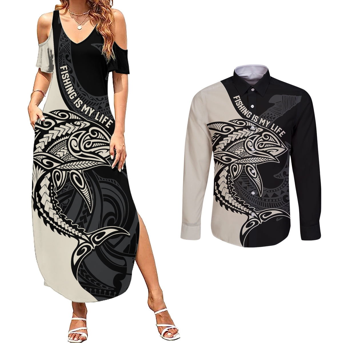 Personalised Polynesia Fishing Couples Matching Summer Maxi Dress and Long Sleeve Button Shirts With Maori Hei Matau Fish Hook Gold Art LT9 - Wonder Print Shop