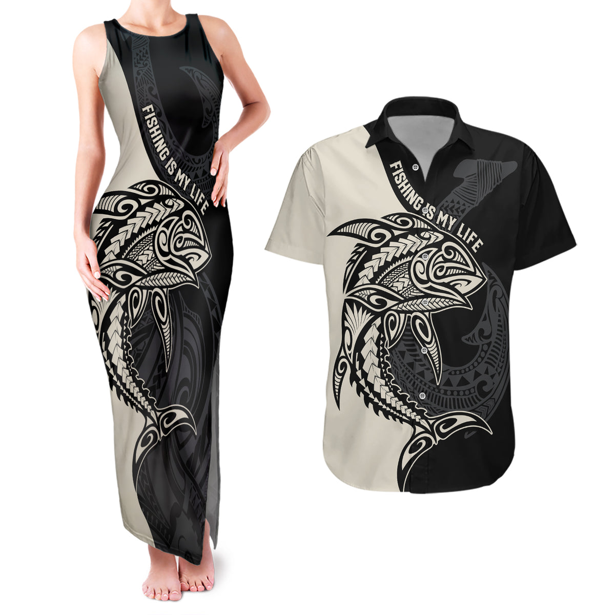 Personalised Polynesia Fishing Couples Matching Tank Maxi Dress and Hawaiian Shirt With Maori Hei Matau Fish Hook Gold Art LT9 - Wonder Print Shop