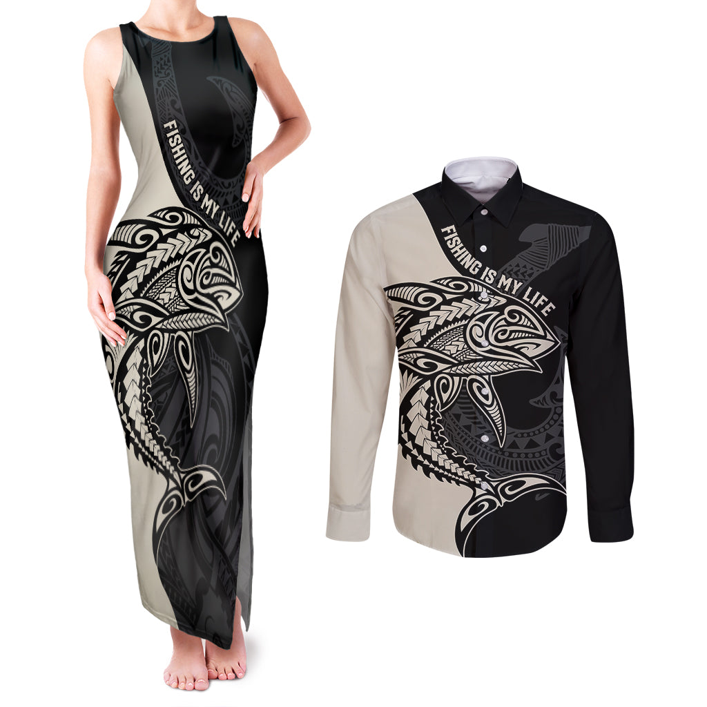 Personalised Polynesia Fishing Couples Matching Tank Maxi Dress and Long Sleeve Button Shirts With Maori Hei Matau Fish Hook Gold Art LT9 - Wonder Print Shop