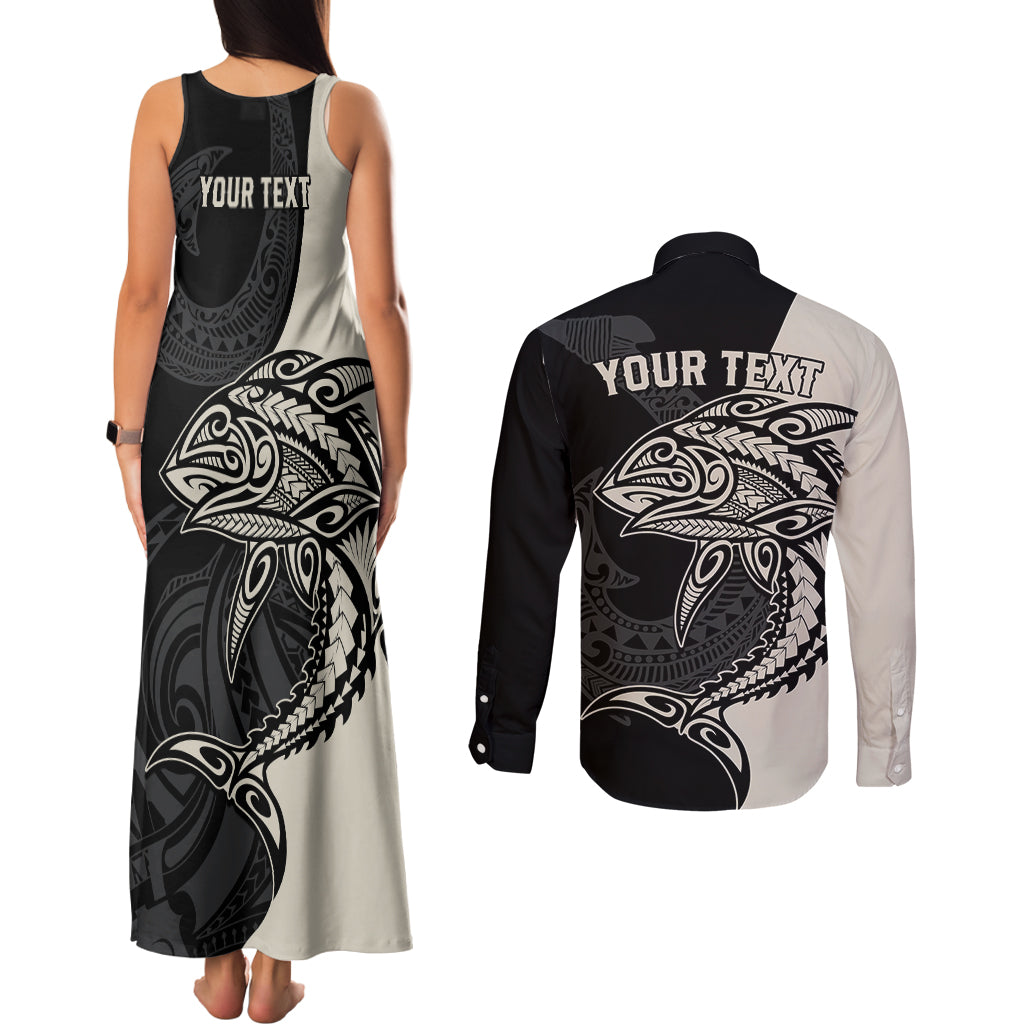 Personalised Polynesia Fishing Couples Matching Tank Maxi Dress and Long Sleeve Button Shirts With Maori Hei Matau Fish Hook Gold Art LT9 - Wonder Print Shop