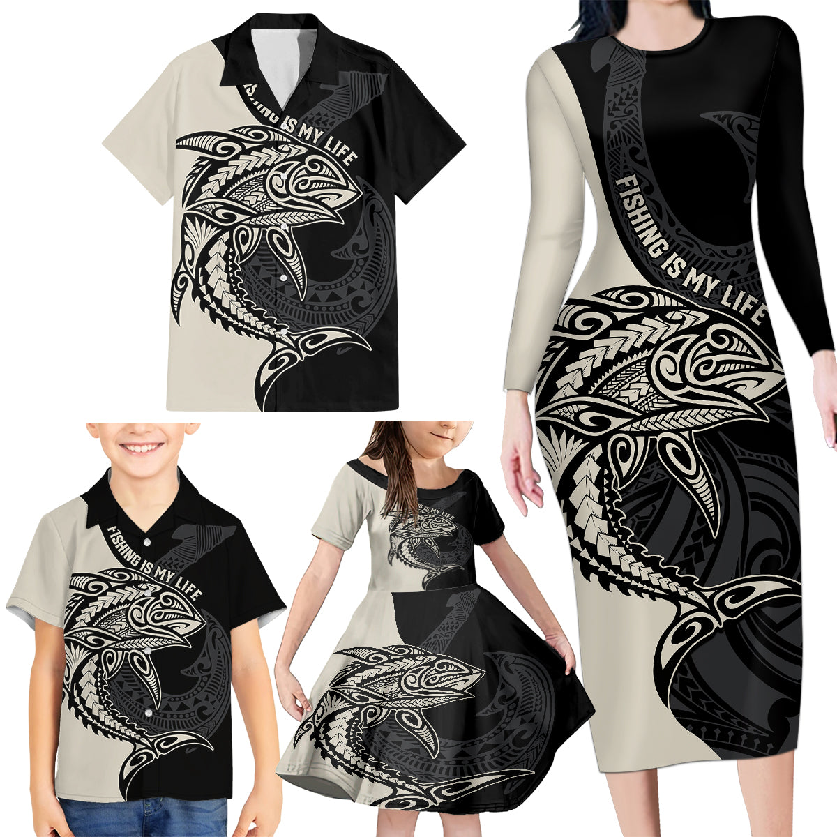 Personalised Polynesia Fishing Family Matching Long Sleeve Bodycon Dress and Hawaiian Shirt With Maori Hei Matau Fish Hook Gold Art LT9 - Wonder Print Shop