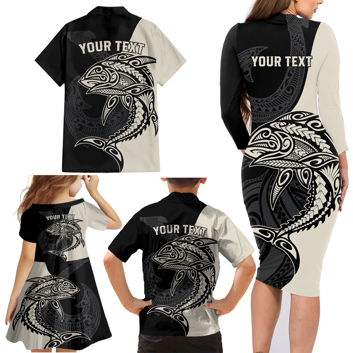Personalised Polynesia Fishing Family Matching Long Sleeve Bodycon Dress and Hawaiian Shirt With Maori Hei Matau Fish Hook Gold Art LT9 - Wonder Print Shop