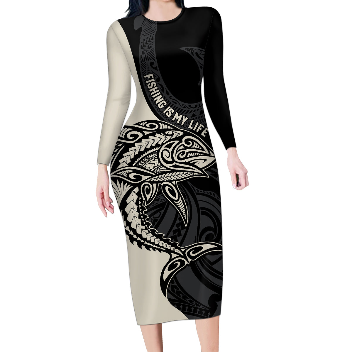 Personalised Polynesia Fishing Family Matching Long Sleeve Bodycon Dress and Hawaiian Shirt With Maori Hei Matau Fish Hook Gold Art LT9 - Wonder Print Shop