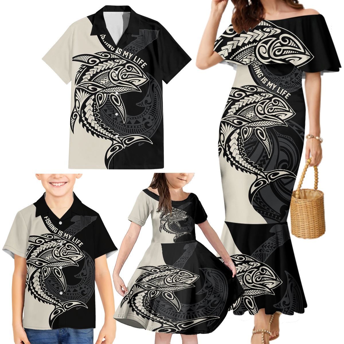 Personalised Polynesia Fishing Family Matching Mermaid Dress and Hawaiian Shirt With Maori Hei Matau Fish Hook Gold Art LT9 - Wonder Print Shop