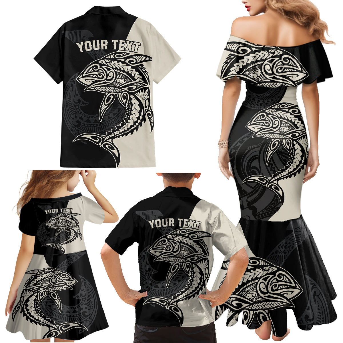 Personalised Polynesia Fishing Family Matching Mermaid Dress and Hawaiian Shirt With Maori Hei Matau Fish Hook Gold Art LT9 - Wonder Print Shop