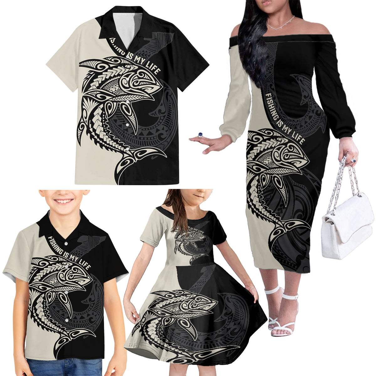 Personalised Polynesia Fishing Family Matching Off Shoulder Long Sleeve Dress and Hawaiian Shirt With Maori Hei Matau Fish Hook Gold Art - Wonder Print Shop