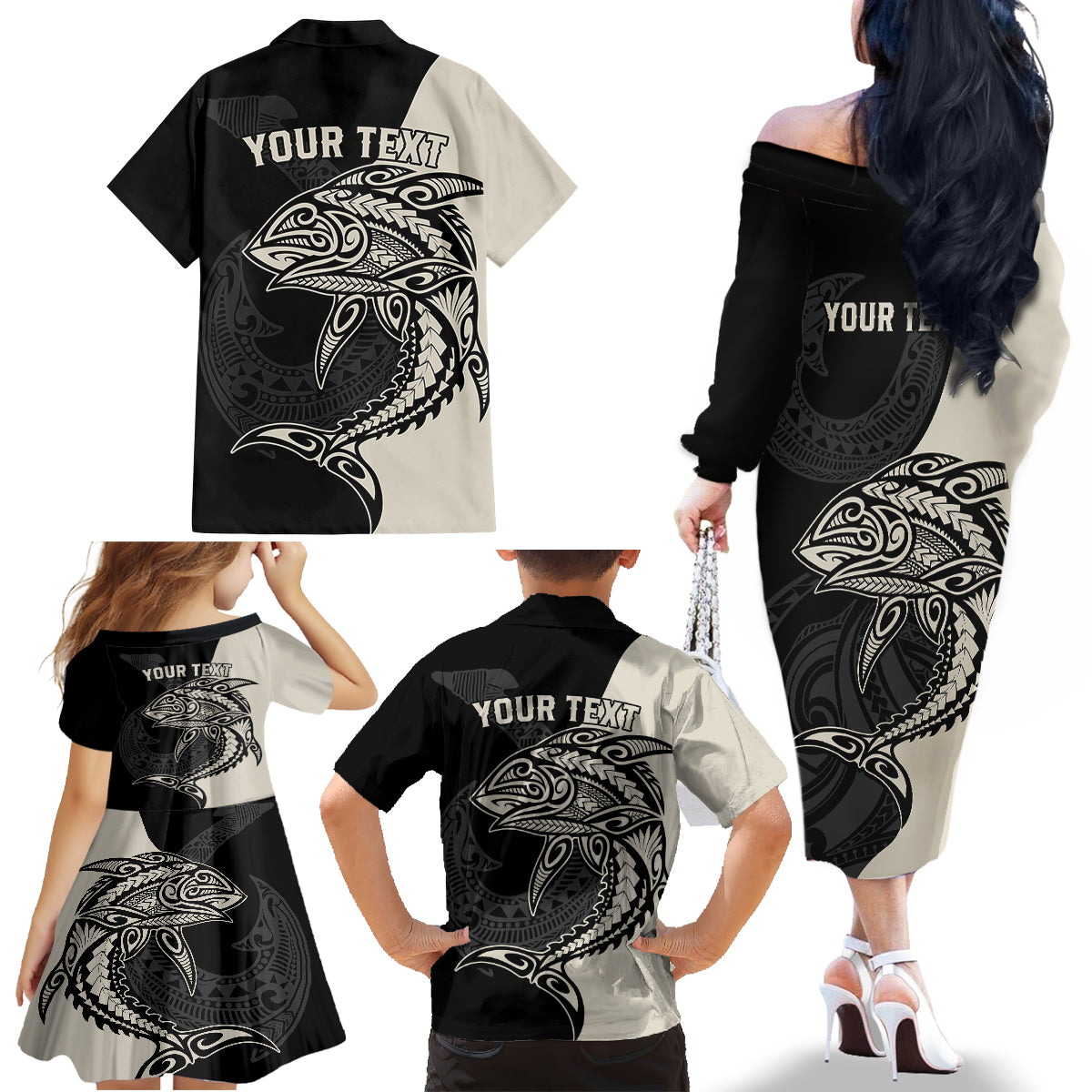 Personalised Polynesia Fishing Family Matching Off Shoulder Long Sleeve Dress and Hawaiian Shirt With Maori Hei Matau Fish Hook Gold Art - Wonder Print Shop