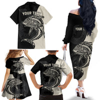 Personalised Polynesia Fishing Family Matching Off Shoulder Long Sleeve Dress and Hawaiian Shirt With Maori Hei Matau Fish Hook Gold Art - Wonder Print Shop