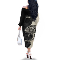 Personalised Polynesia Fishing Family Matching Off Shoulder Long Sleeve Dress and Hawaiian Shirt With Maori Hei Matau Fish Hook Gold Art - Wonder Print Shop